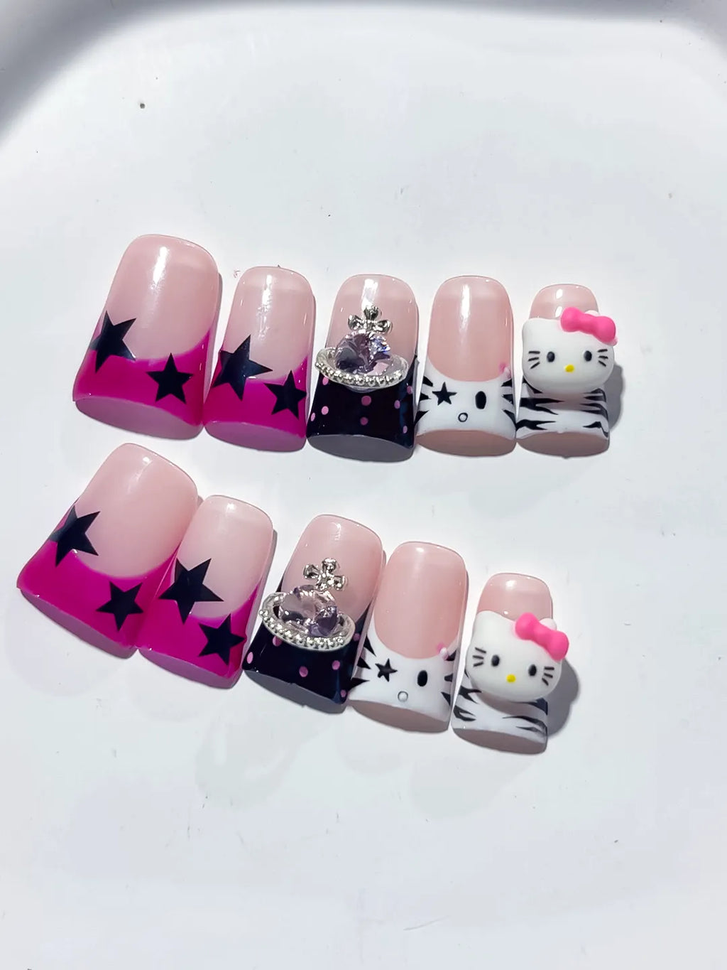 Pink White Black French tip Bow Hello Kitty 3D press on nails detail view