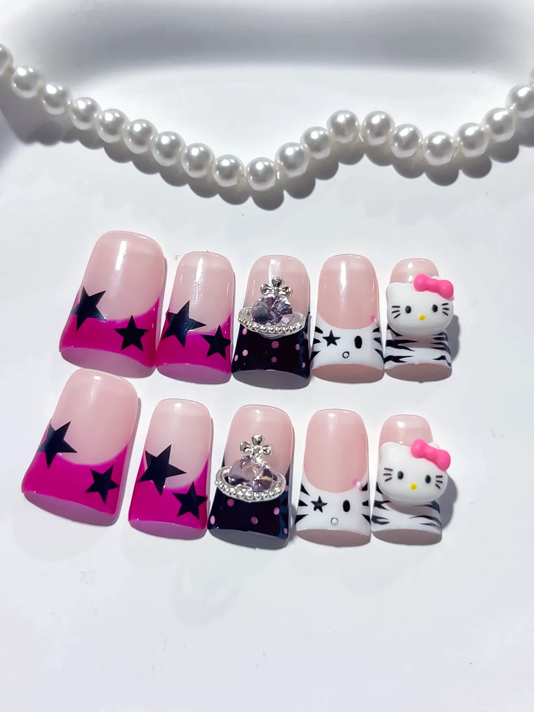 Pink White Black French tip Bow Hello Kitty 3D press on nails detail view