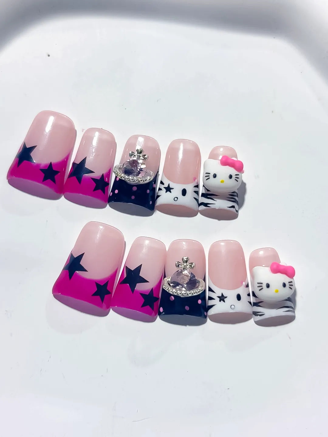 Pink White Black French tip Bow Hello Kitty 3D press on nails detail view