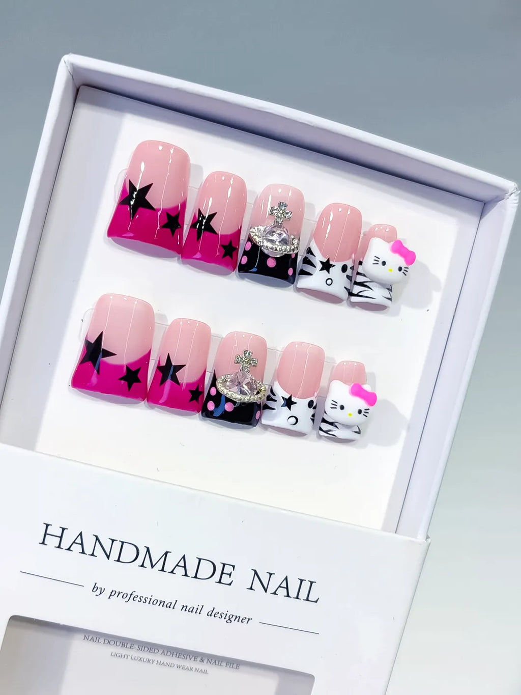 Pink White Black French tip Bow Hello Kitty 3D press on nails