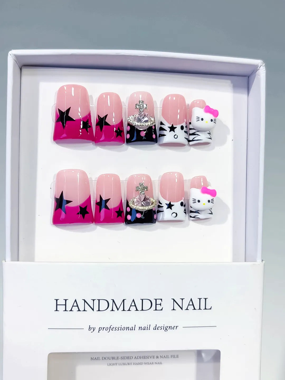 Pink White Black French tip Bow Hello Kitty 3D press on nails full set view