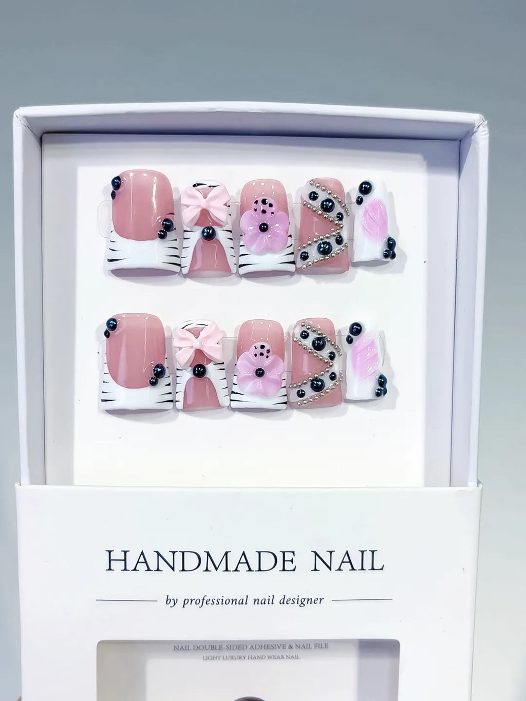 Pink White Black Abstract Bow Flower Pearl 3D press on nails full set view