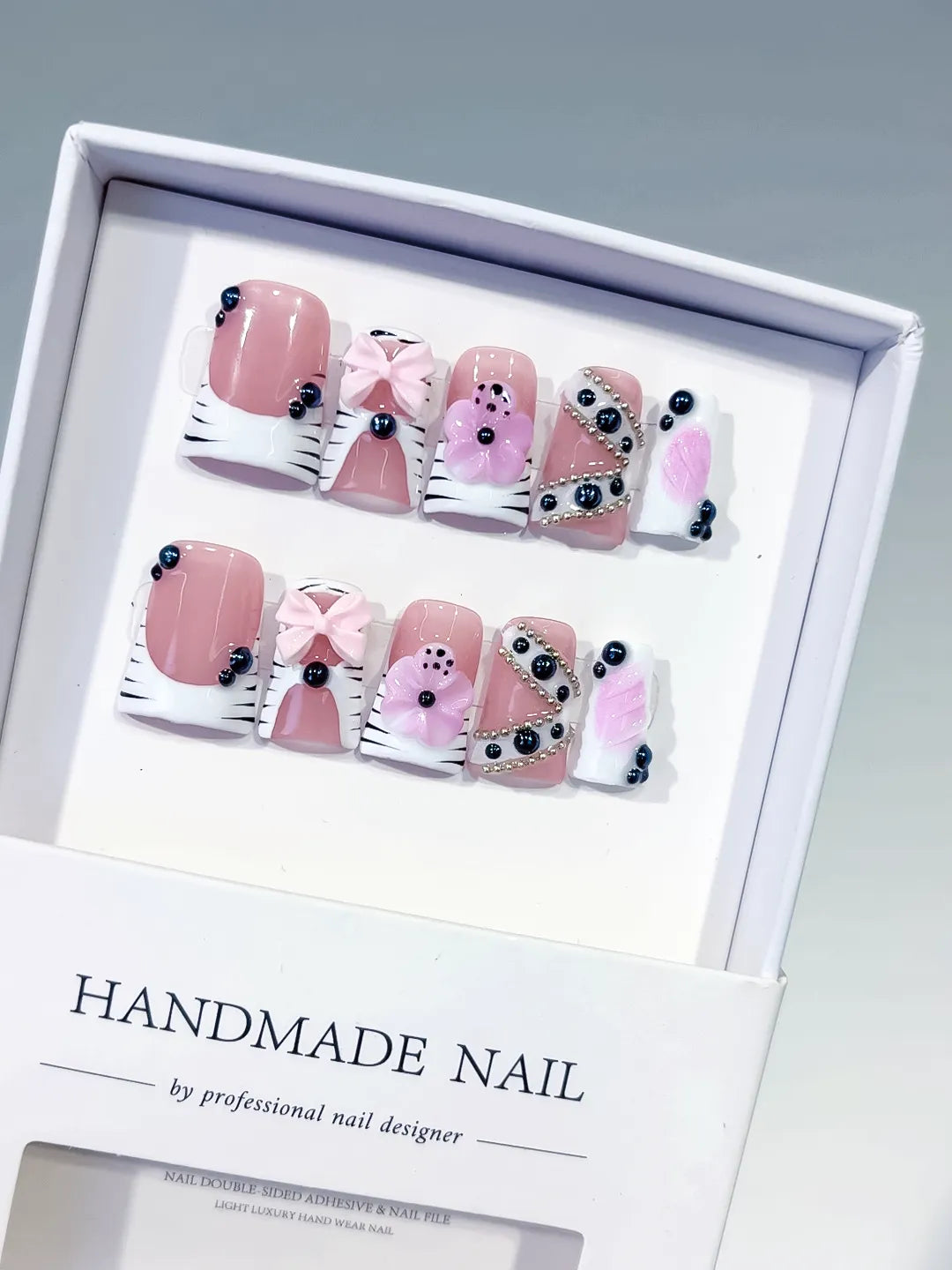 Pink White Black Abstract Bow Flower Pearl 3D press on nails