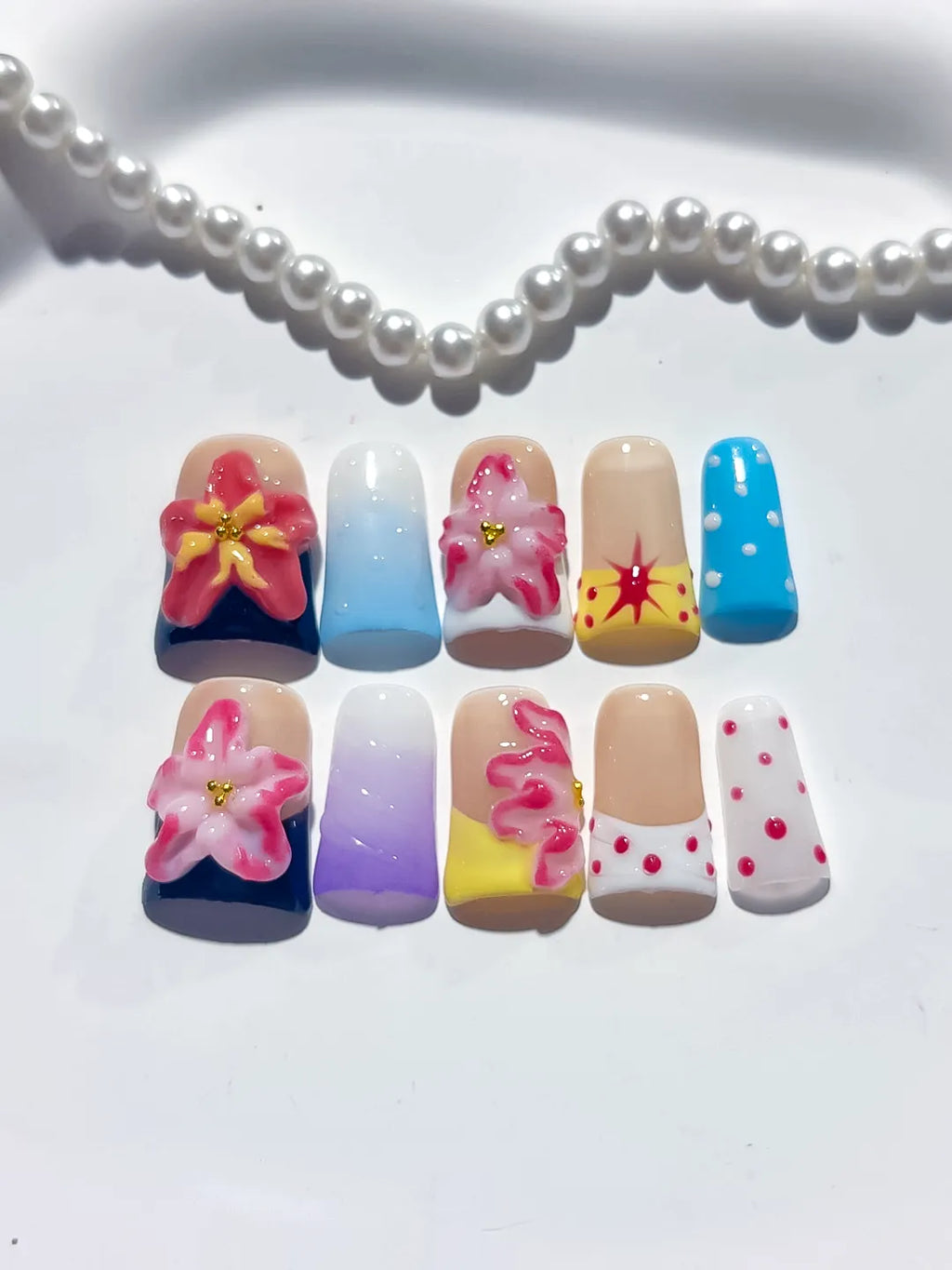 Black Red Pink Blue White Yellow Abstract Flower Dot Pattern 3D press on nails detail view