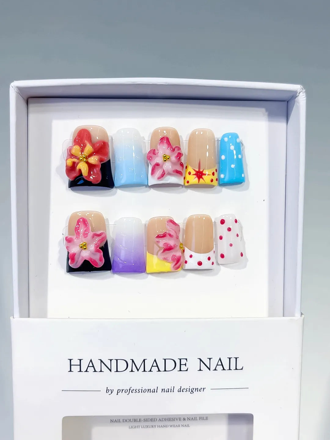 Black Red Pink Blue White Yellow Abstract Flower Dot Pattern 3D press on nails full set view