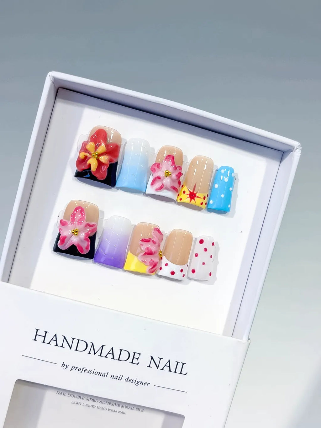 Black Red Pink Blue White Yellow Abstract Flower Dot Pattern 3D press on nails