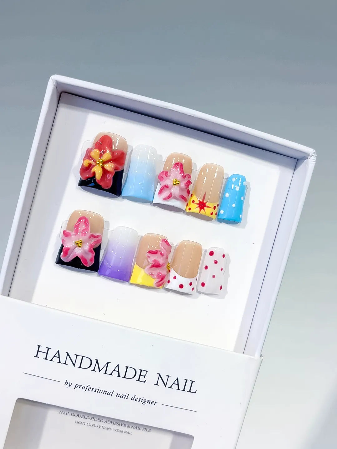 Black Red Pink Blue White Yellow Abstract Flower Dot Pattern 3D press on nails
