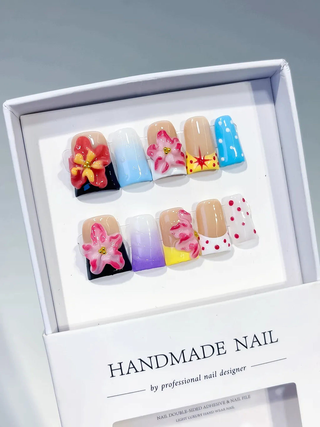 Black Red Pink Blue White Yellow Abstract Flower Dot Pattern 3D press on nails angled view