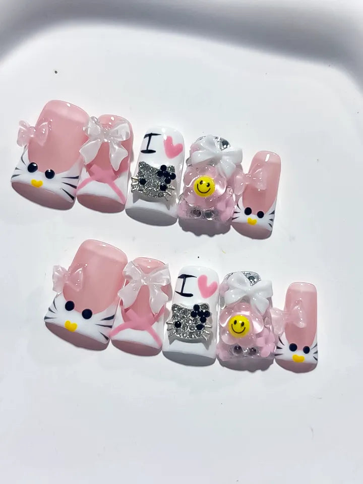 Pink White Black Silver Abstract Bow Smile Text Hello Kitty Rhinestone 3D press on nails detail view