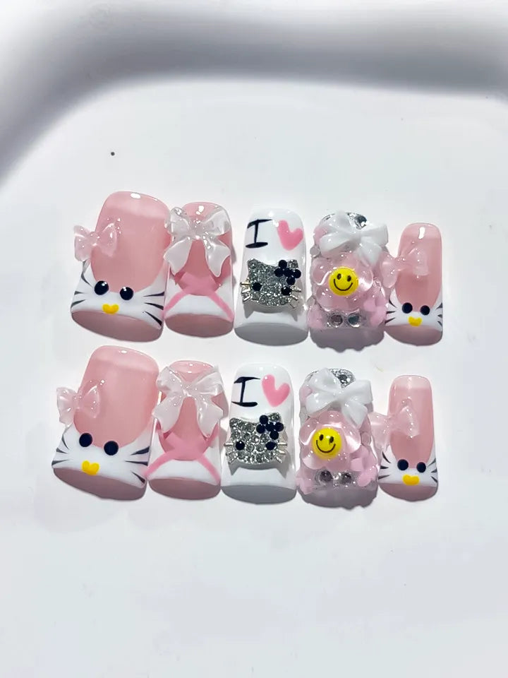 Pink White Black Silver Abstract Bow Smile Text Hello Kitty Rhinestone 3D press on nails detail view