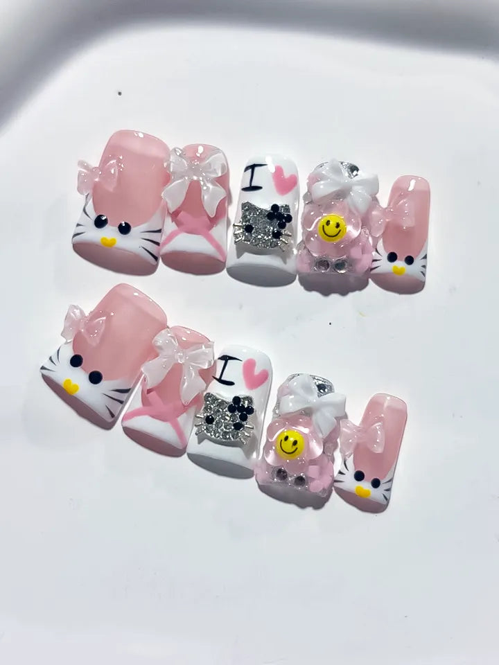 Pink White Black Silver Abstract Bow Smile Text Hello Kitty Rhinestone 3D press on nails detail view