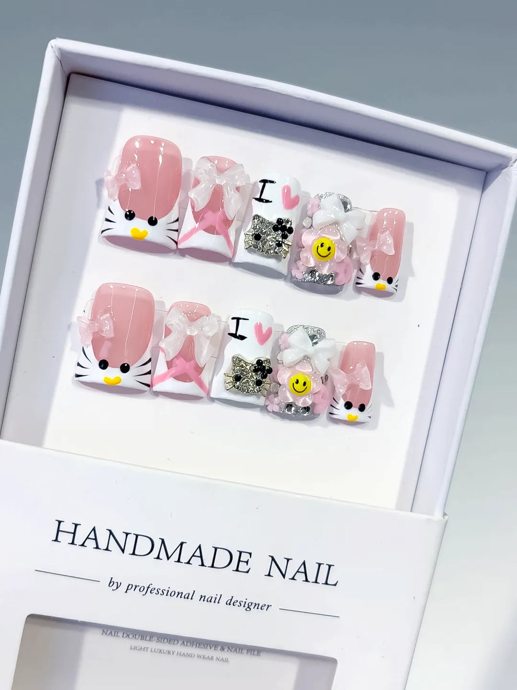 Pink White Black Silver Abstract Bow Smile Text Hello Kitty Rhinestone 3D press on nails