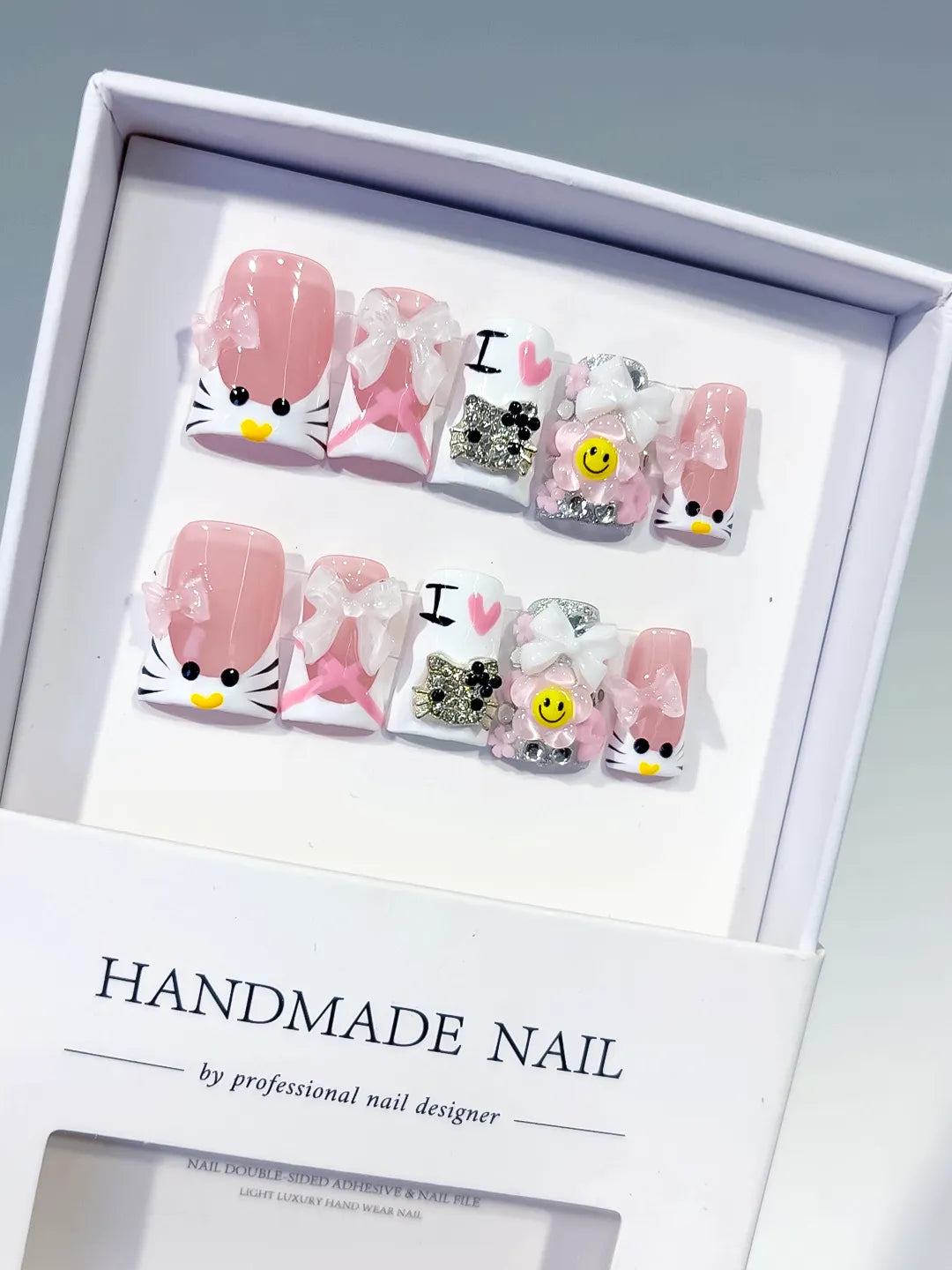 Pink White Black Silver Abstract Bow Smile Text Hello Kitty Rhinestone 3D press on nails