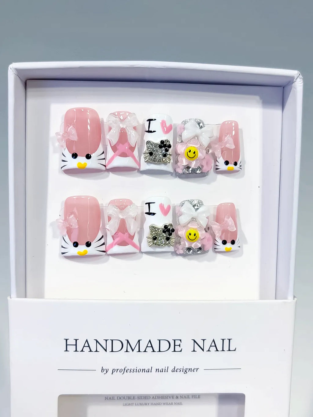 Pink White Black Silver Abstract Bow Smile Text Hello Kitty Rhinestone 3D press on nails full set view
