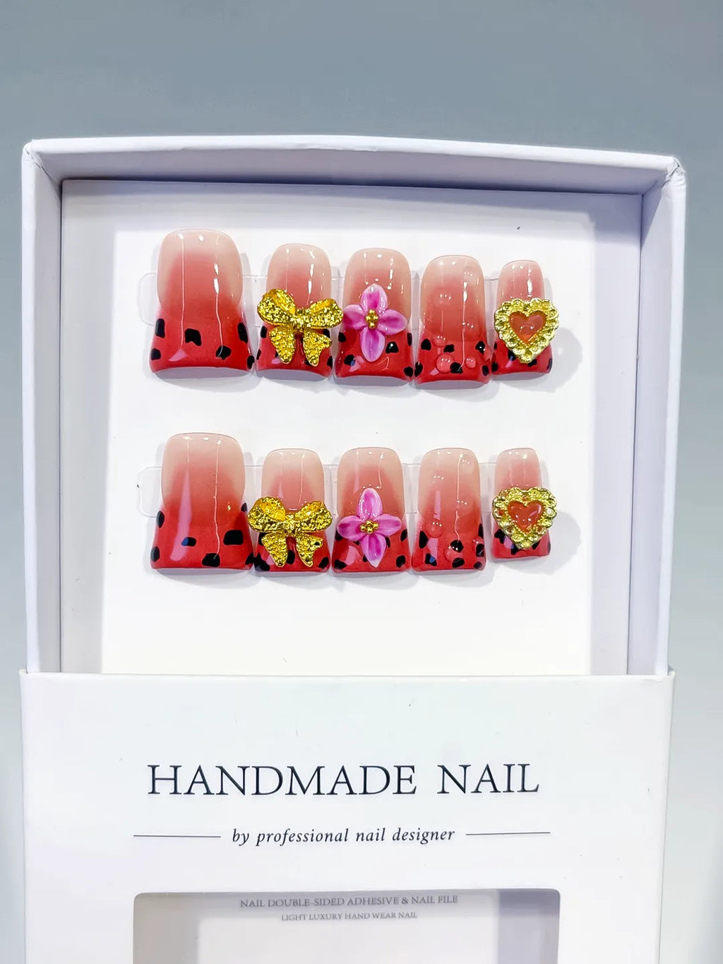 Nude Red Black Gold Abstract Bow Flower Heart press on nails full set view