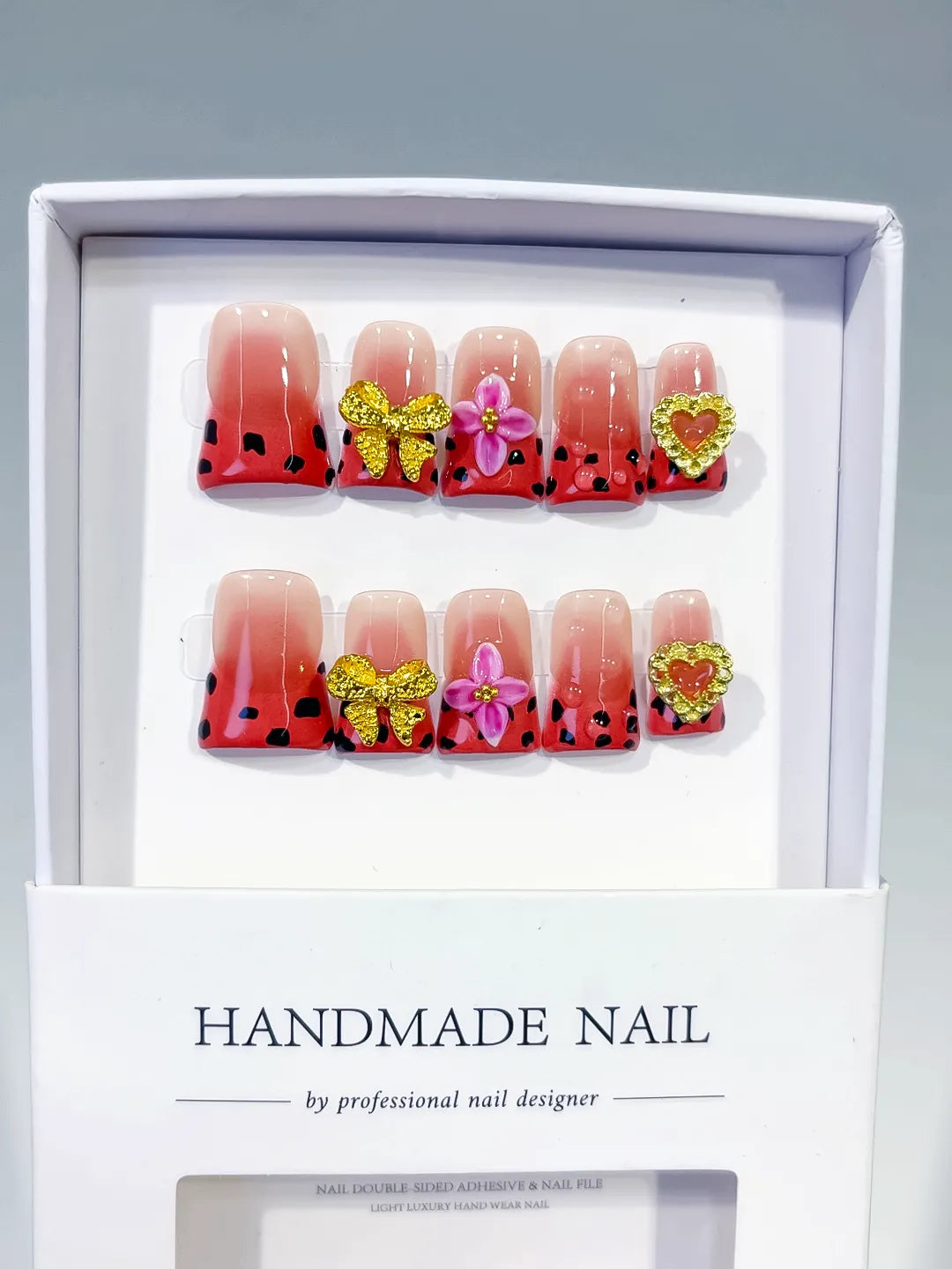 Nude Red Black Gold Abstract Bow Flower Heart press on nails full set view
