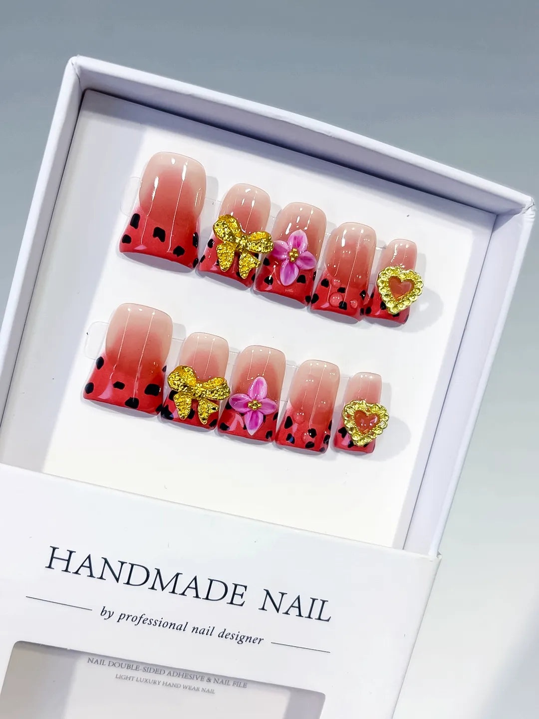 Nude Red Black Gold Abstract Bow Flower Heart press on nails
