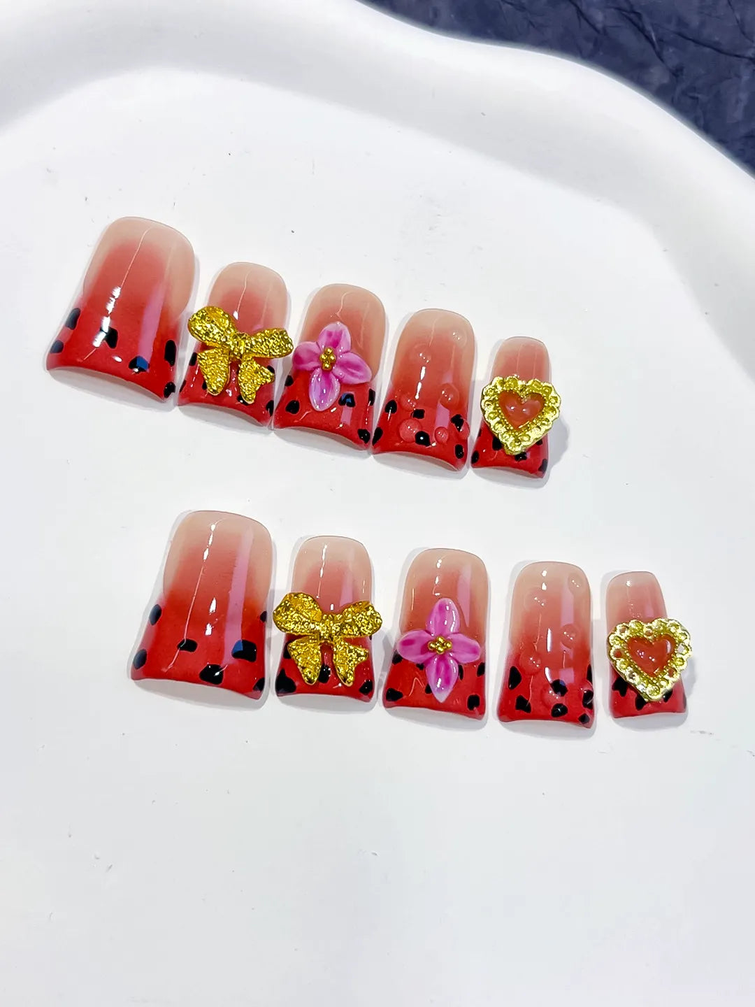 Nude Red Black Gold Abstract Bow Flower Heart press on nails close up