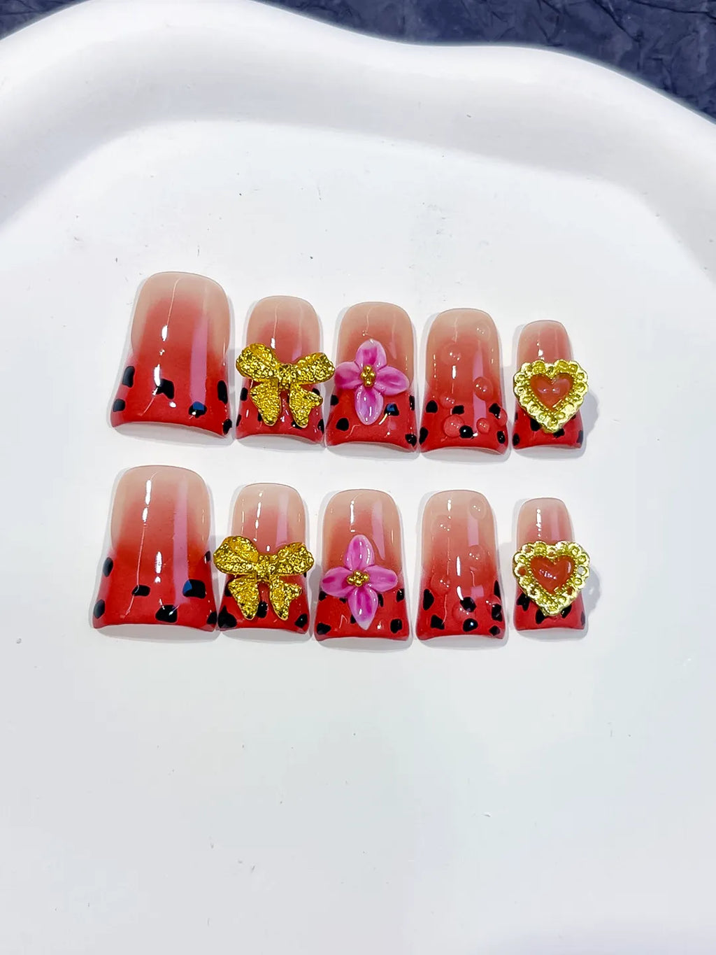 Nude Red Black Gold Abstract Bow Flower Heart press on nails detail view