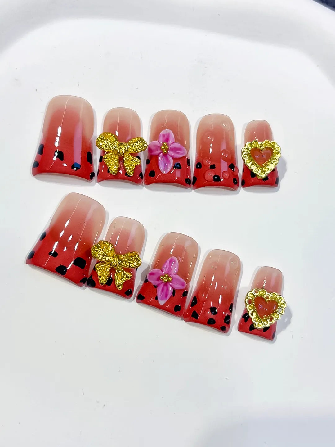 Nude Red Black Gold Abstract Bow Flower Heart press on nails detail view