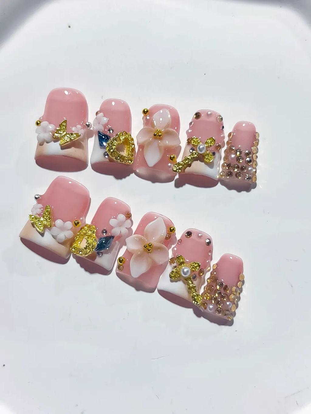 Pink White Gold Blue Abstract Flower Butterfly Heart Rhinestone press on nails close up