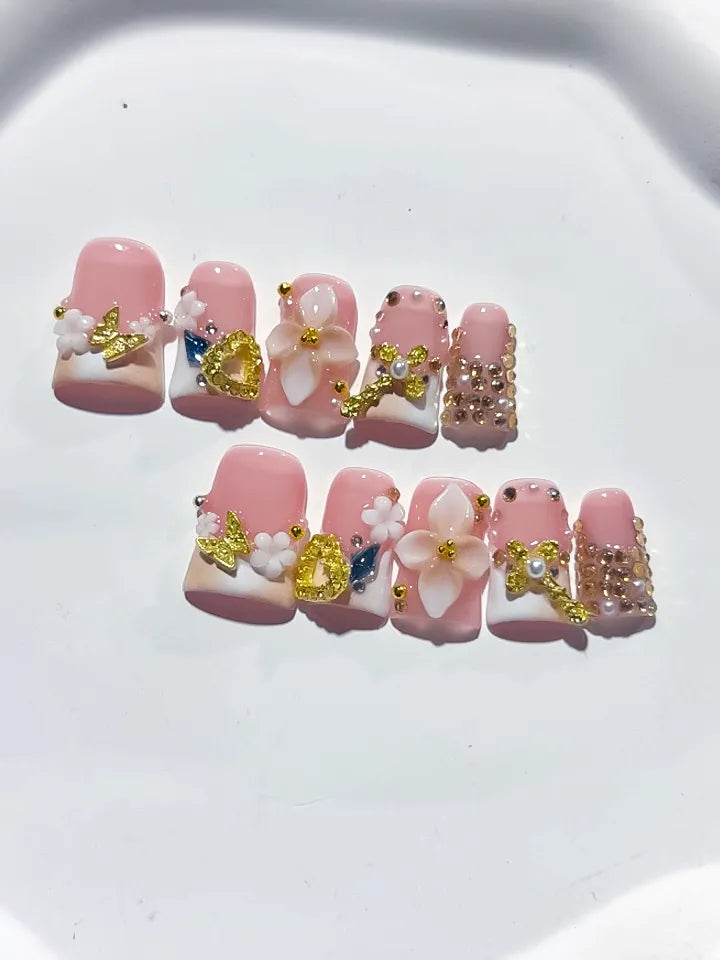Pink White Gold Blue Abstract Flower Butterfly Heart Rhinestone press on nails detail view