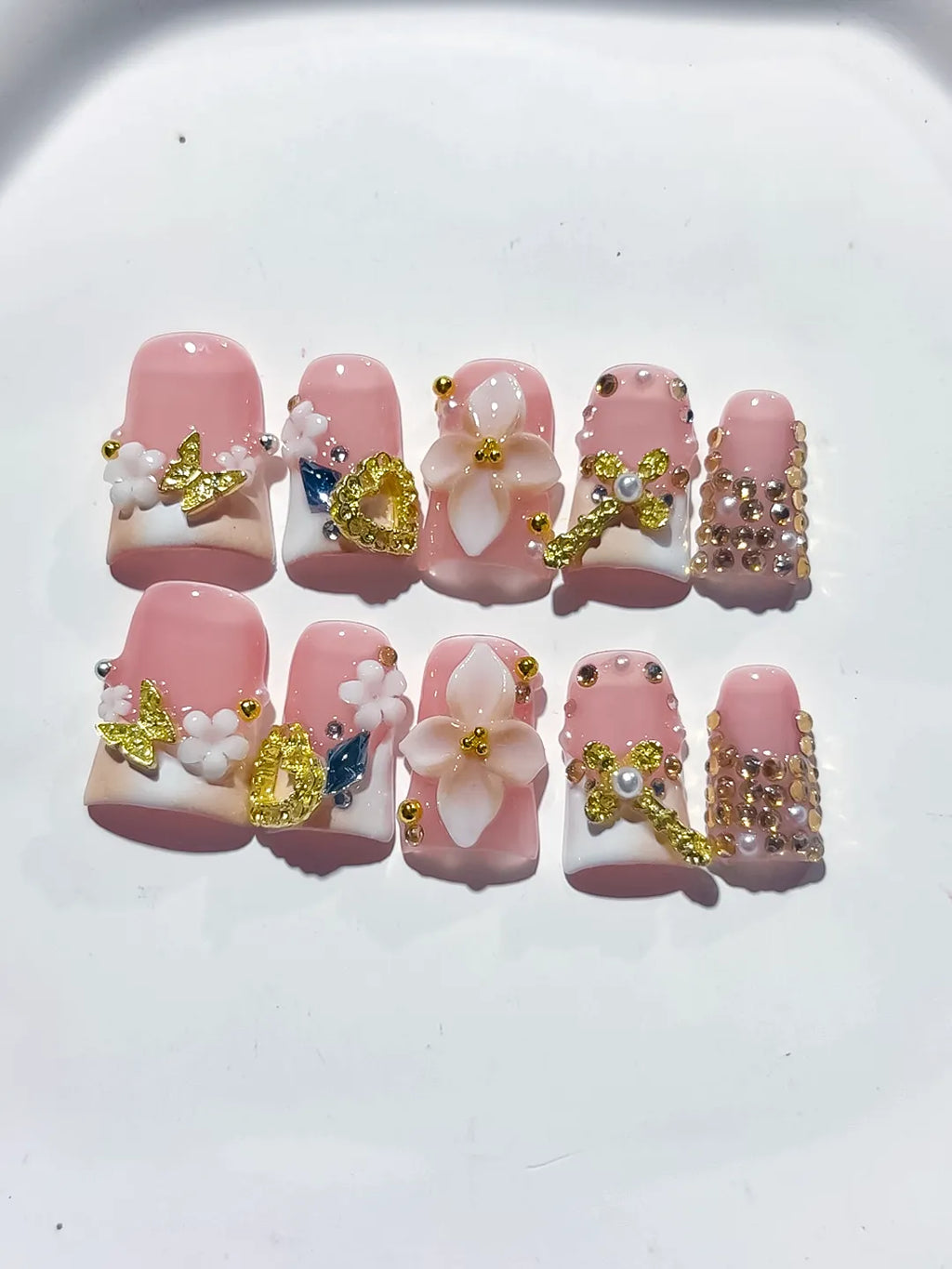 Pink White Gold Blue Abstract Flower Butterfly Heart Rhinestone press on nails detail view