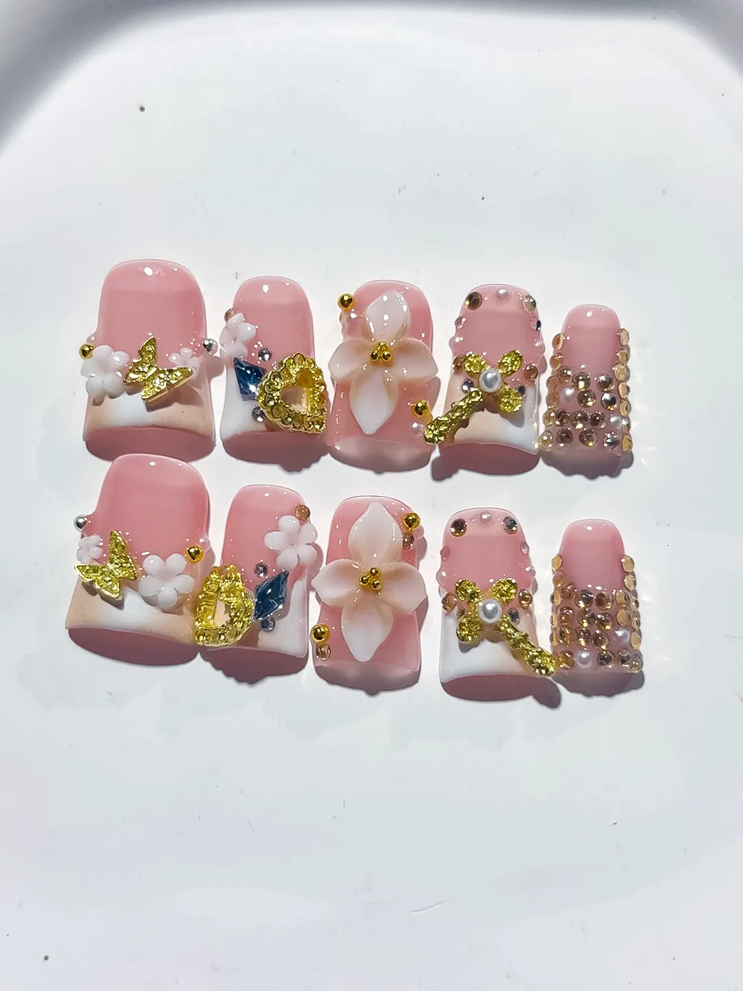 Pink White Gold Blue Abstract Flower Butterfly Heart Rhinestone press on nails detail view