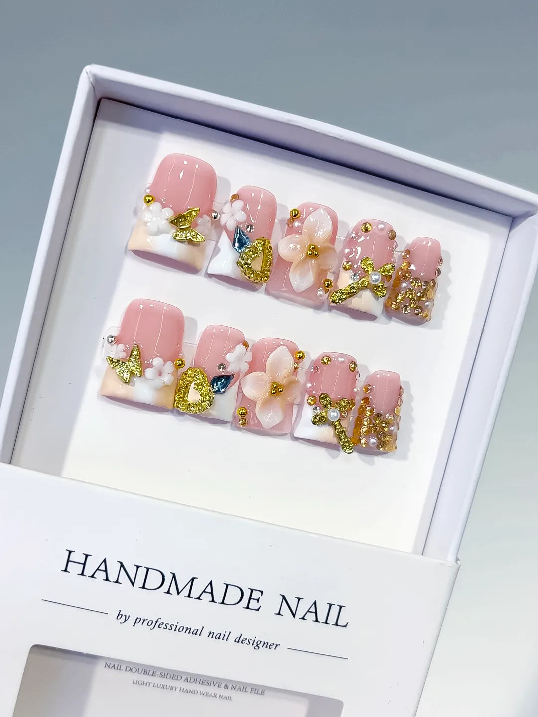 Pink White Gold Blue Abstract Flower Butterfly Heart Rhinestone press on nails