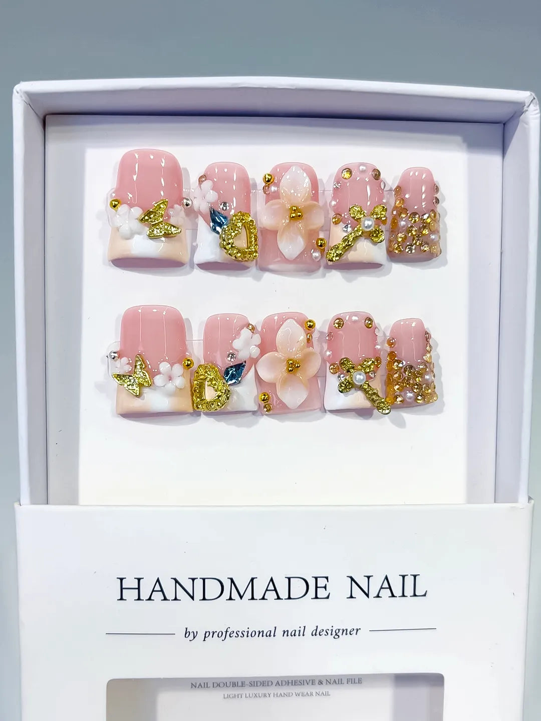 Pink White Gold Blue Abstract Flower Butterfly Heart Rhinestone press on nails full set view
