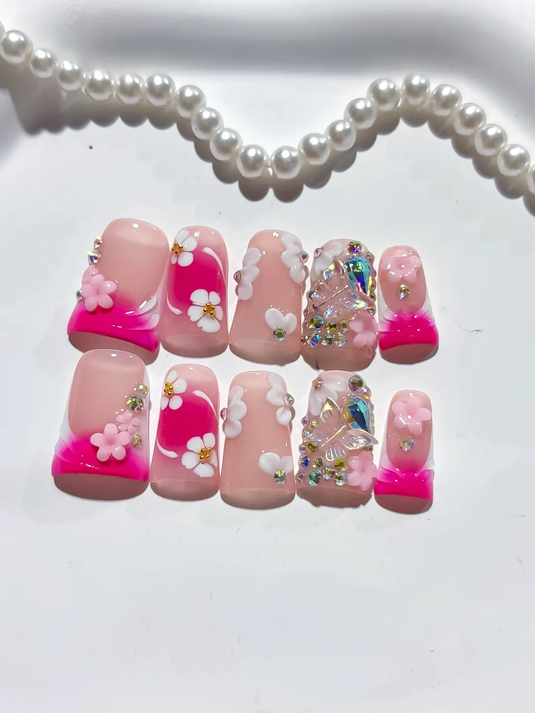 Pink White Silver Abstract Flower Rhinestone press on nails close up