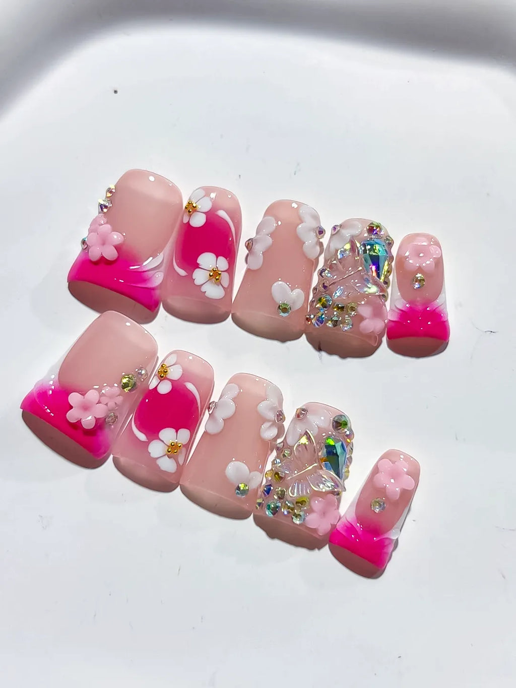 Pink White Silver Abstract Flower Rhinestone press on nails detail view
