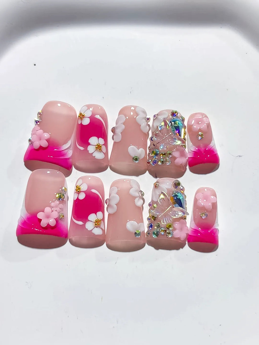 Pink White Silver Abstract Flower Rhinestone press on nails detail view
