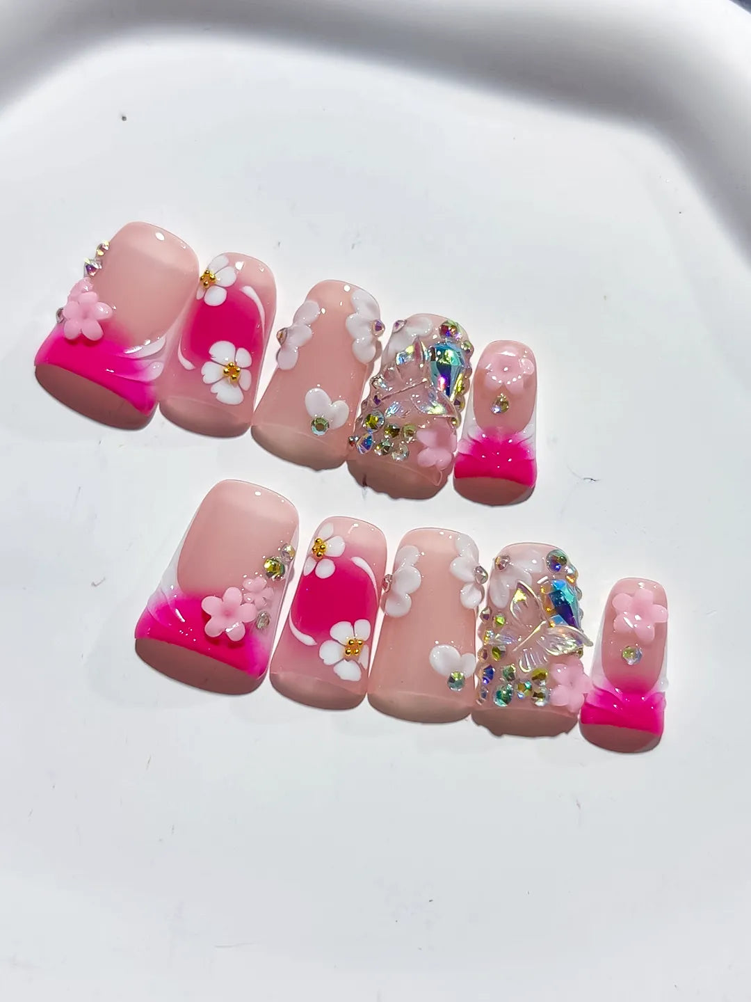 Pink White Silver Abstract Flower Rhinestone press on nails detail view