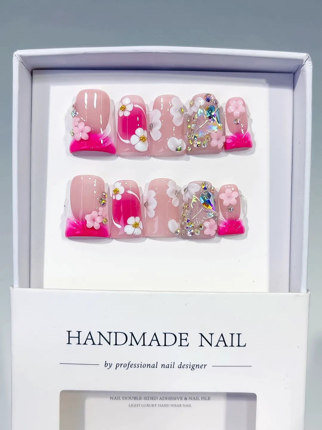 Pink White Silver Abstract Flower Rhinestone press on nails full set view
