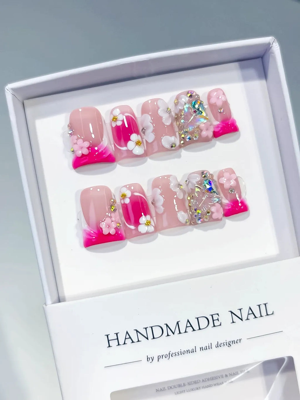 Pink White Silver Abstract Flower Rhinestone press on nails angled view