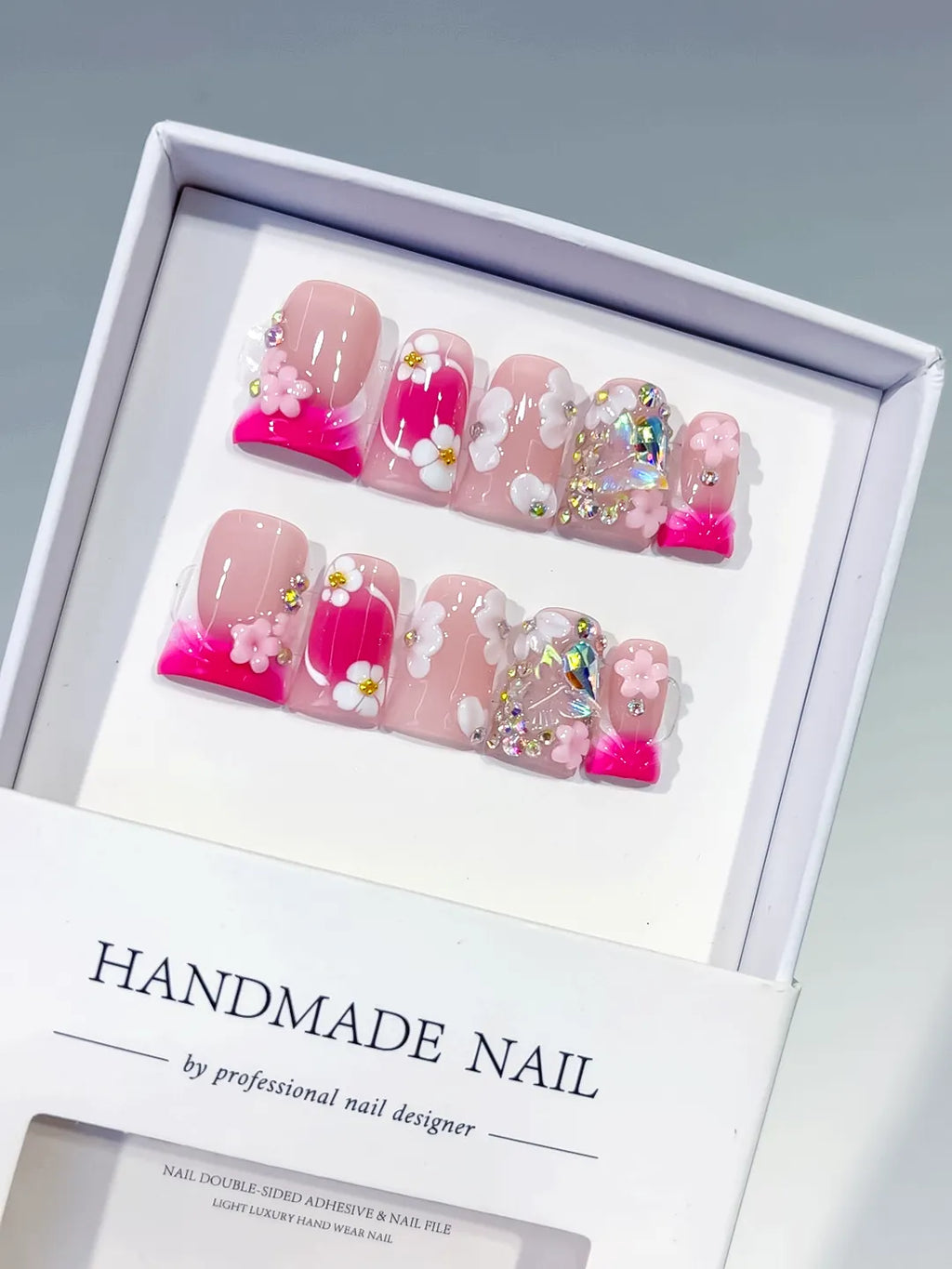 Pink White Silver Abstract Flower Rhinestone press on nails