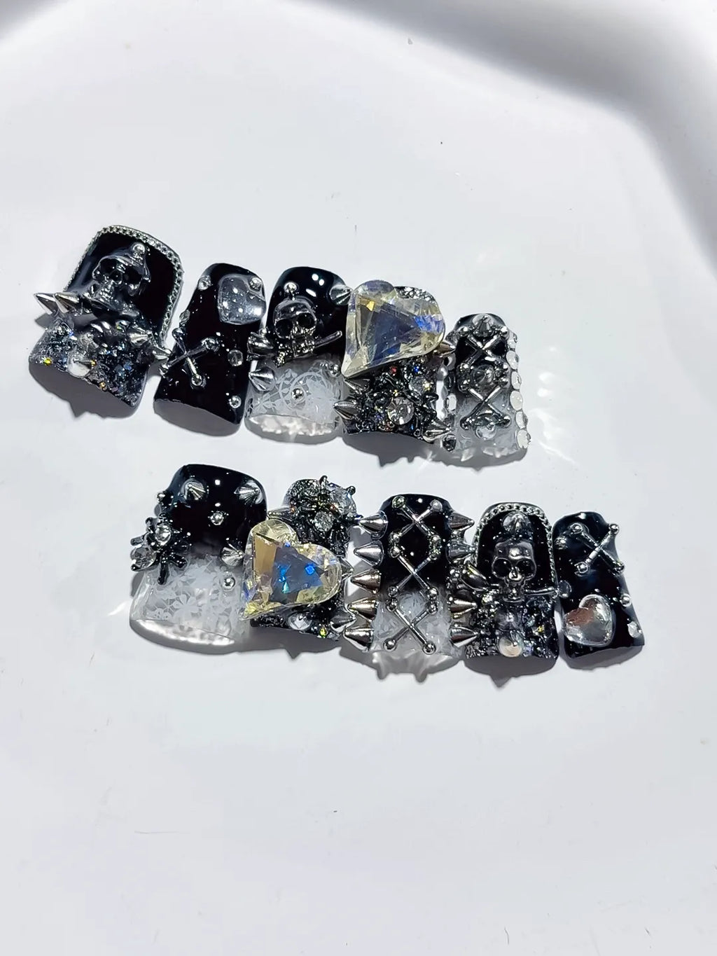 Black Silver White Glitter Heart Star Cross Skull 3D press on nails close up