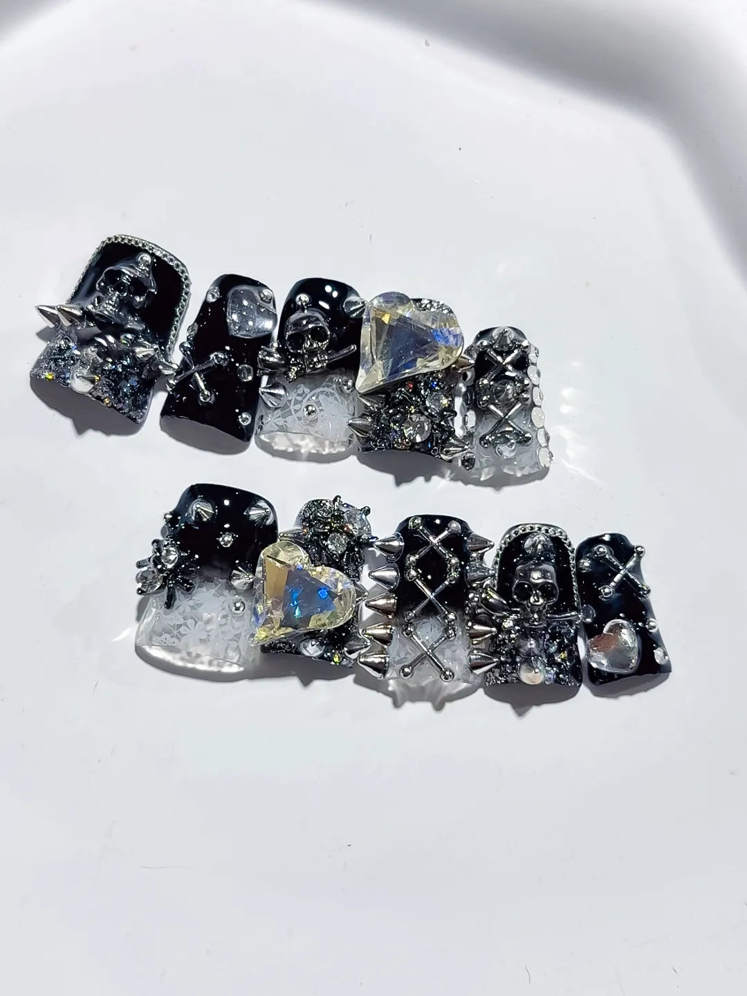 Black Silver White Glitter Heart Star Cross Skull 3D press on nails close up