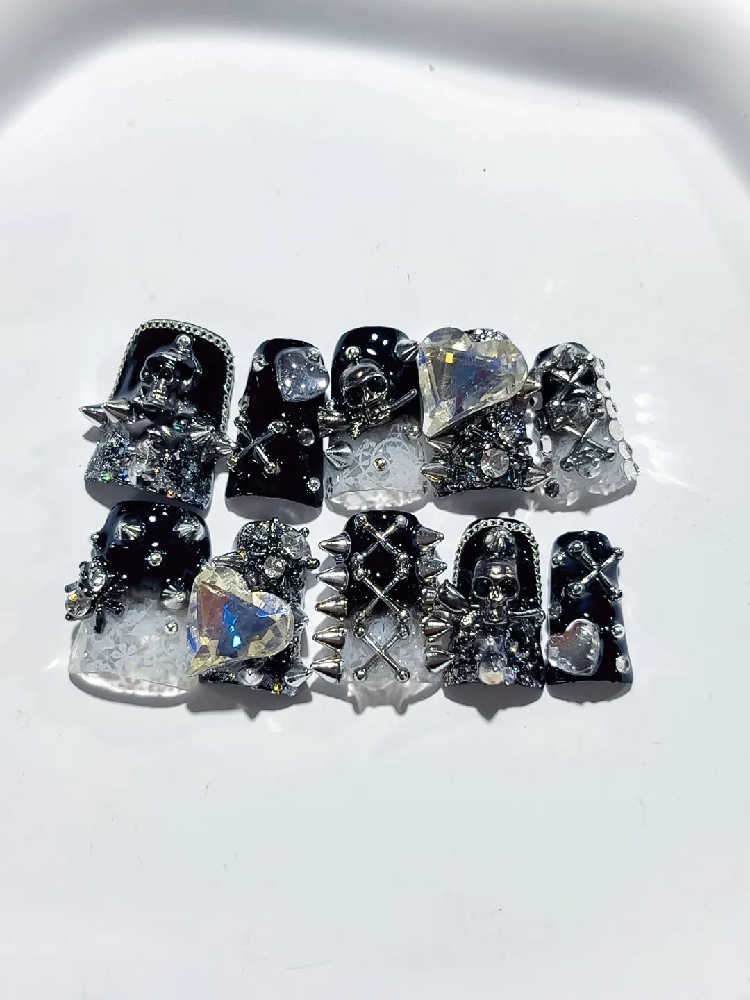 Black Silver White Glitter Heart Star Cross Skull 3D press on nails detail view