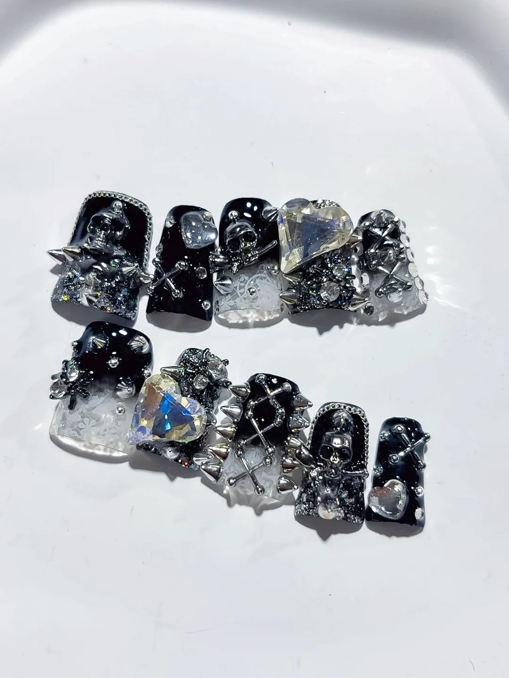 Black Silver White Glitter Heart Star Cross Skull 3D press on nails detail view