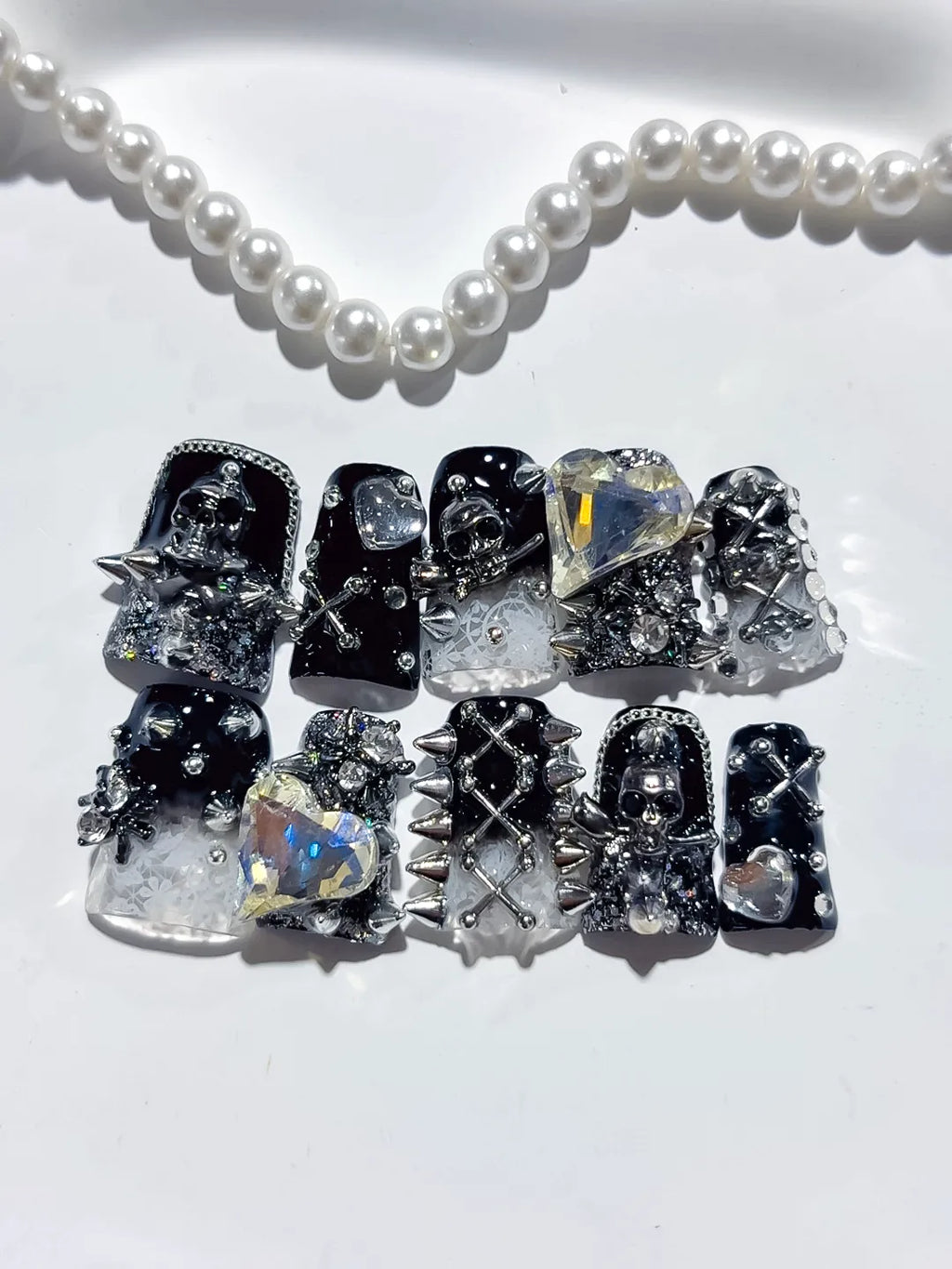 Black Silver White Glitter Heart Star Cross Skull 3D press on nails detail view