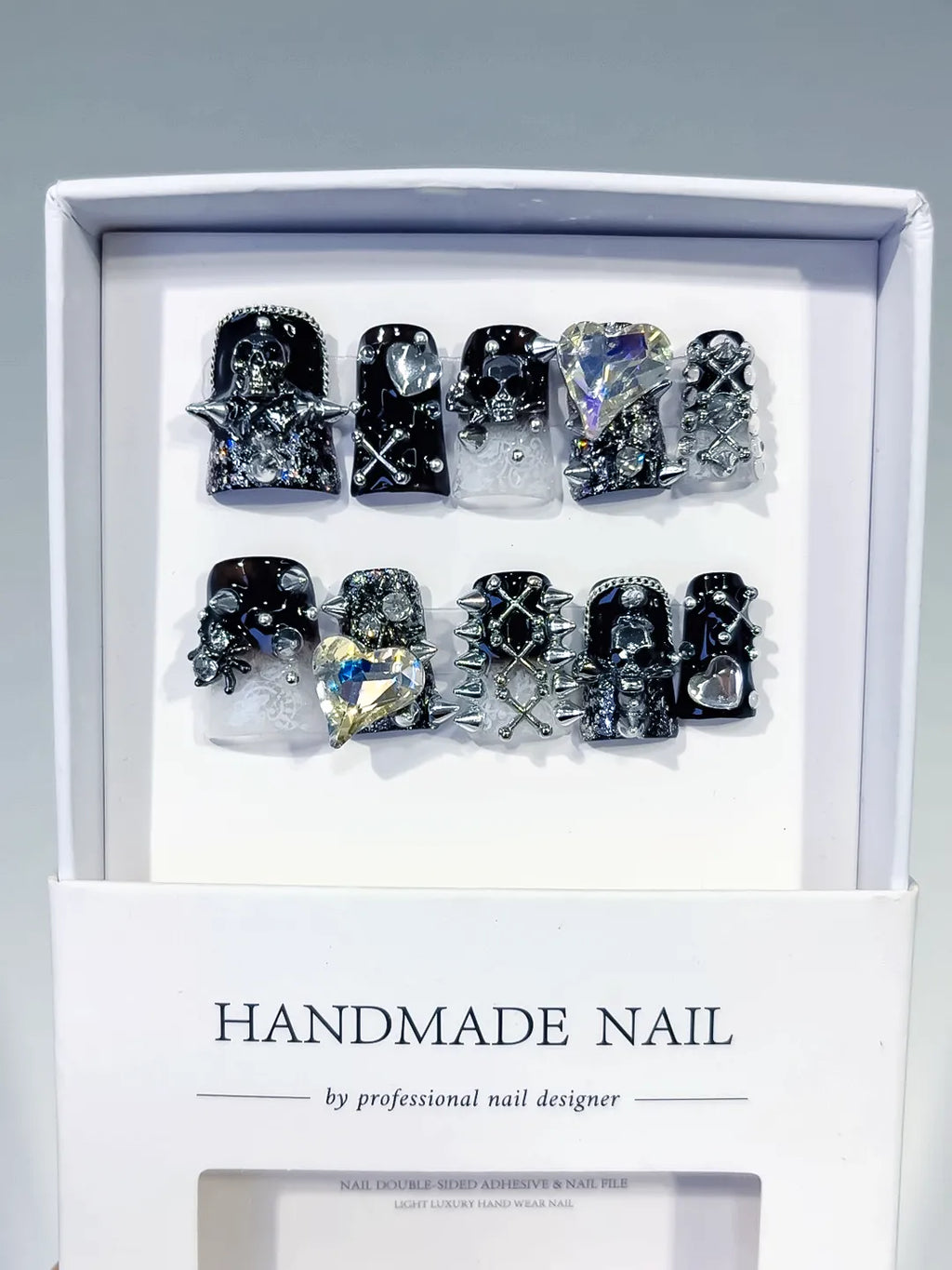 Black Silver White Glitter Heart Star Cross Skull 3D press on nails full set view