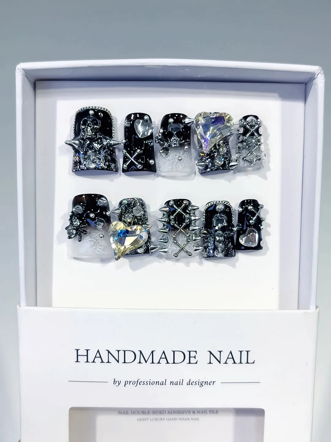 Black Silver White Glitter Heart Star Cross Skull 3D press on nails full set view