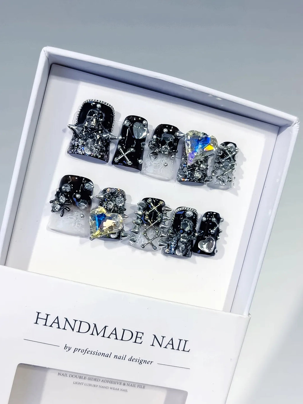 Black Silver White Glitter Heart Star Cross Skull 3D press on nails