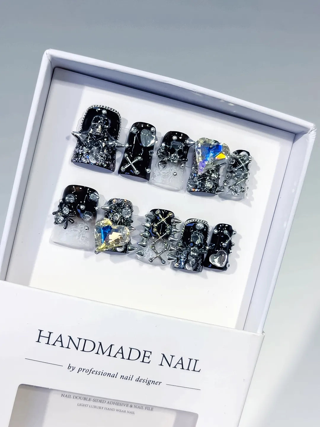 Black Silver White Glitter Heart Star Cross Skull 3D press on nails