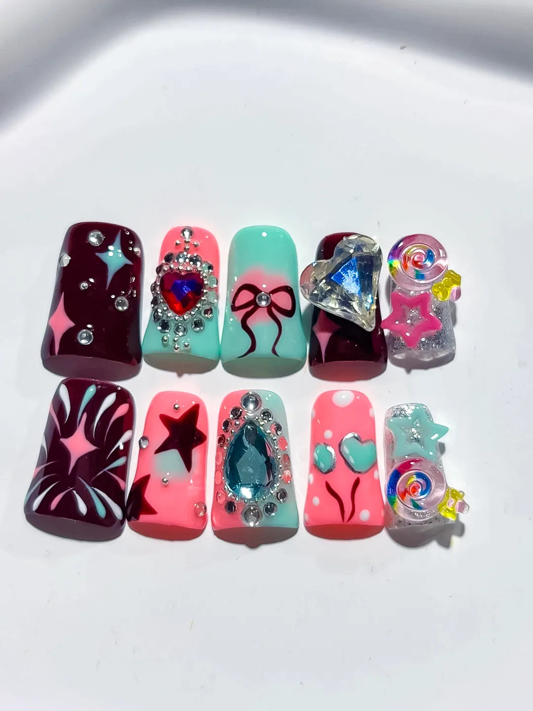 Red Pink Blue Silver Abstract Heart Bow Star Lollipop Rhinestone 3D press on nails close up