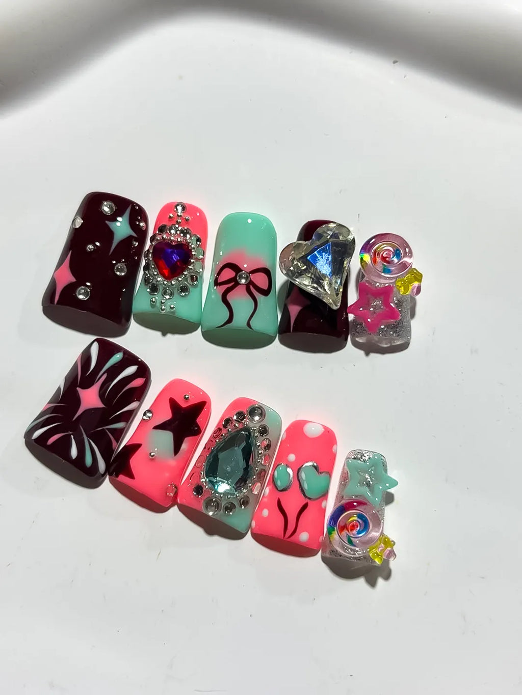 Red Pink Blue Silver Abstract Heart Bow Star Lollipop Rhinestone 3D press on nails detail view