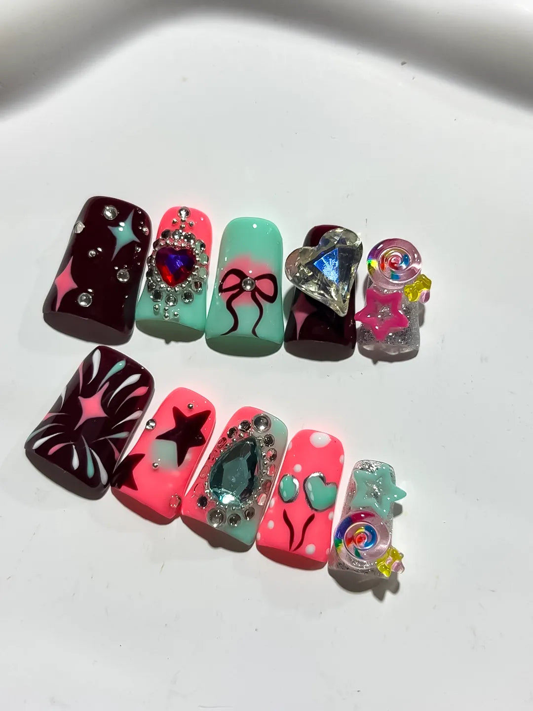 Red Pink Blue Silver Abstract Heart Bow Star Lollipop Rhinestone 3D press on nails detail view