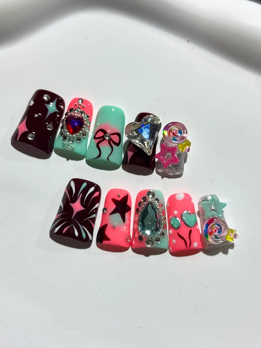 Red Pink Blue Silver Abstract Heart Bow Star Lollipop Rhinestone 3D press on nails detail view